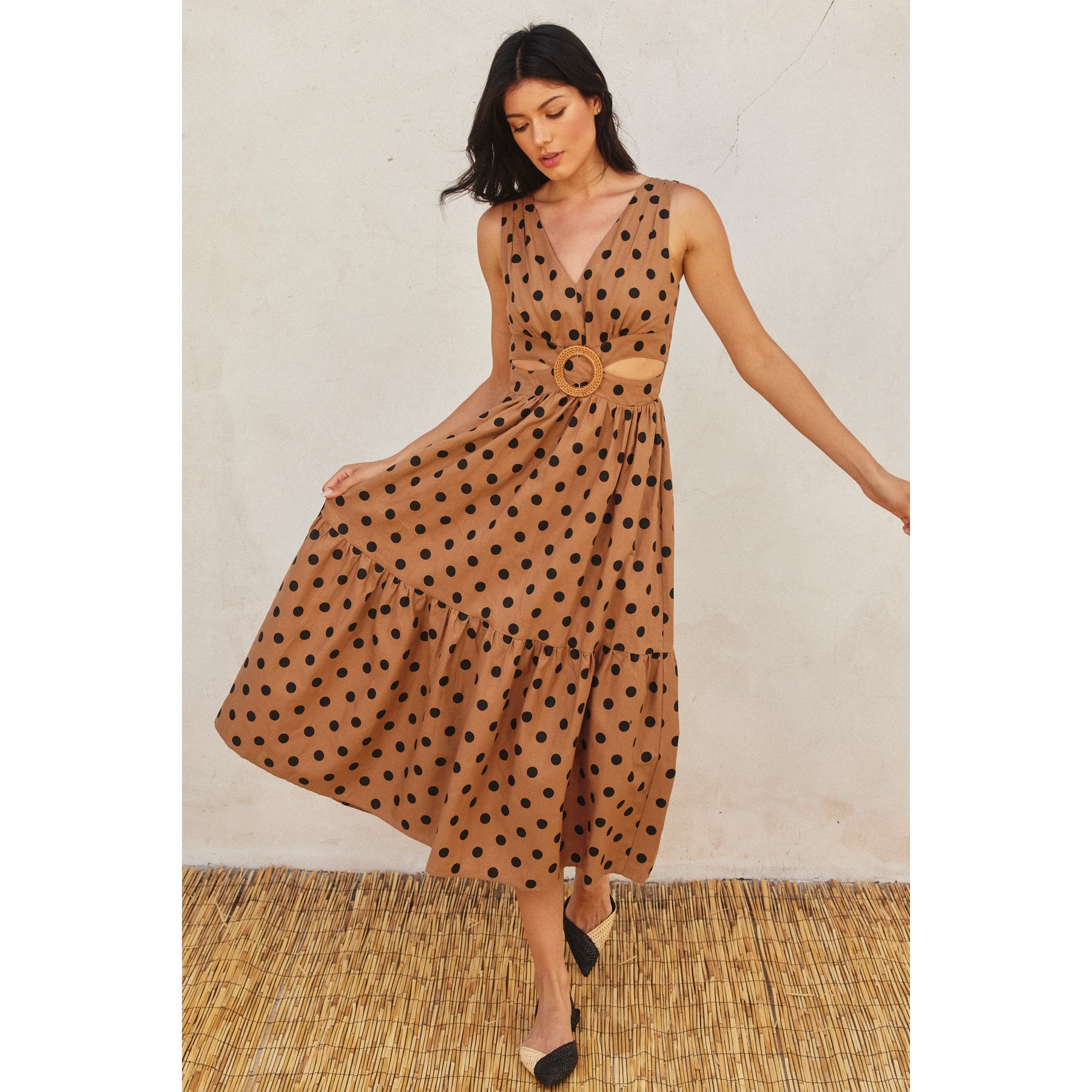 Polka Dot O Ring Cutout Midi Dress