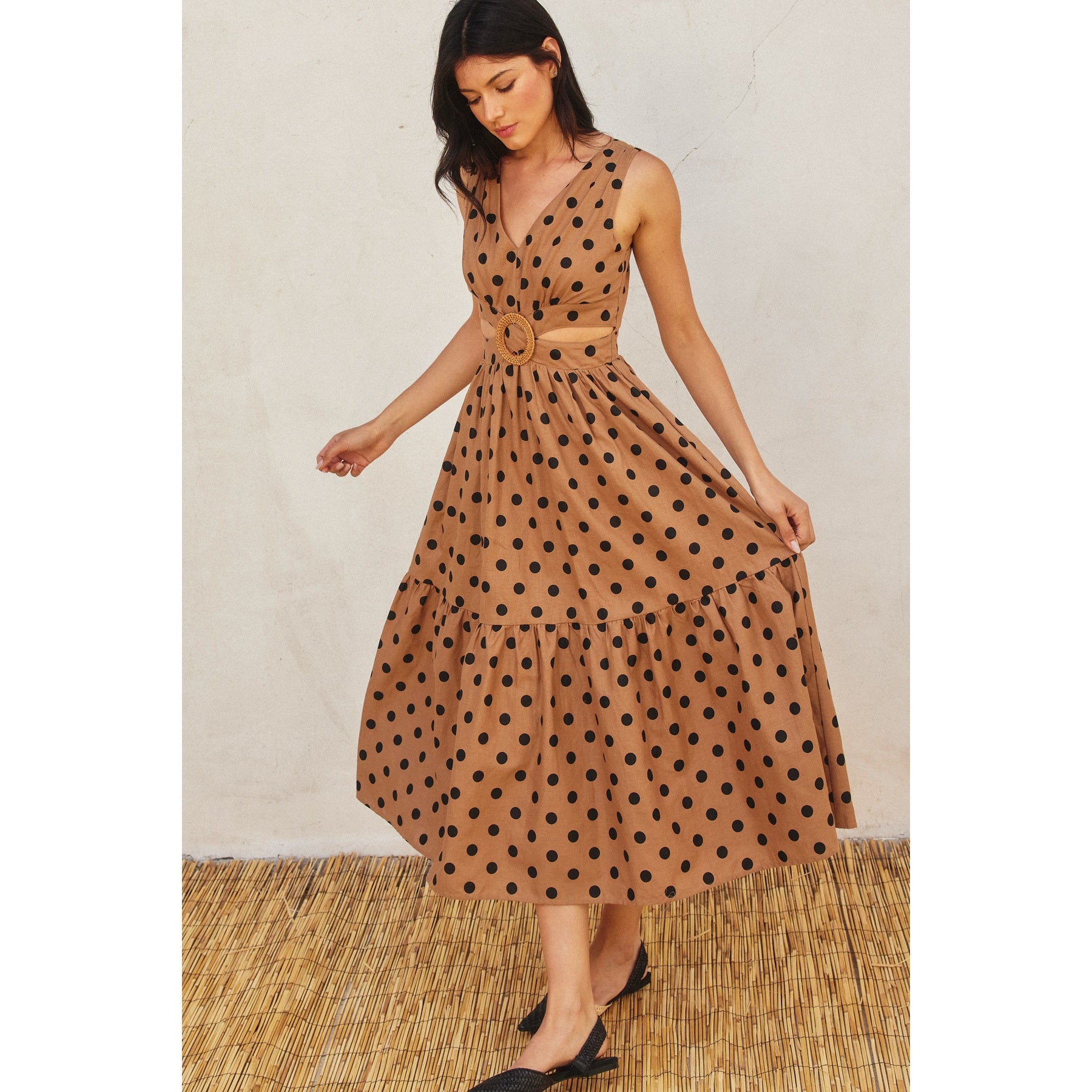 Polka Dot O Ring Cutout Midi Dress