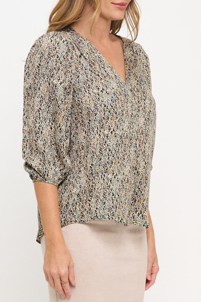 Polka Dot Print 3/4 Sleeve V neck Top-New Arrival-Reneecollection-Small-BLACK-Urbanheer