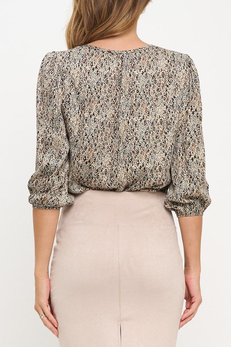 Polka Dot Print 3/4 Sleeve V neck Top-New Arrival-Reneecollection-Small-BLACK-Urbanheer