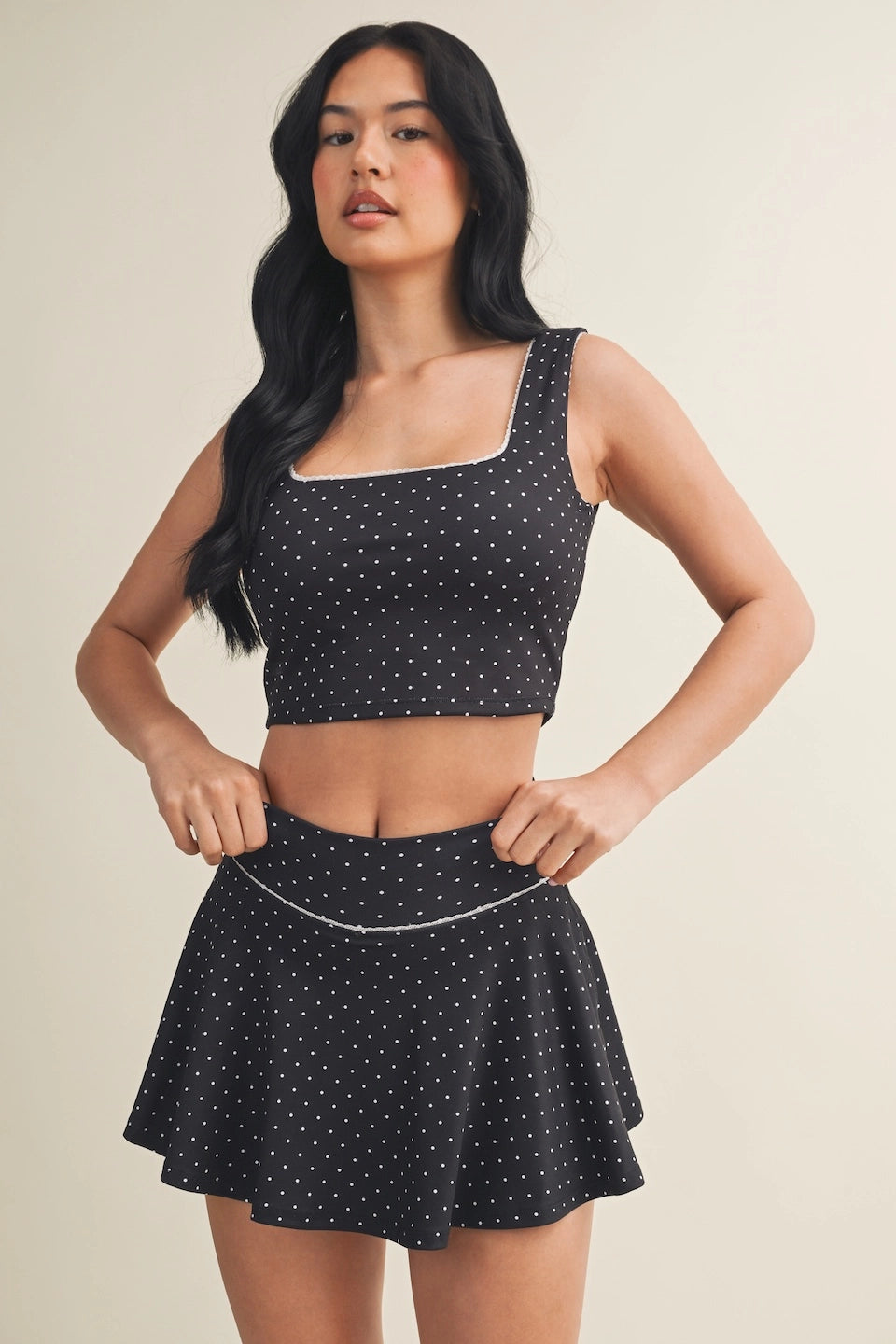 Polka Dot Print Mini Circle Skort with Bow Back and Lace Trim - Black