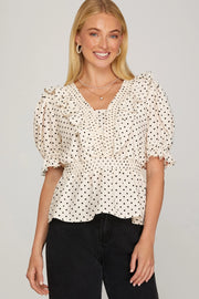 Polka Dot Print Smocked Neck Ruffled Peplum Top
