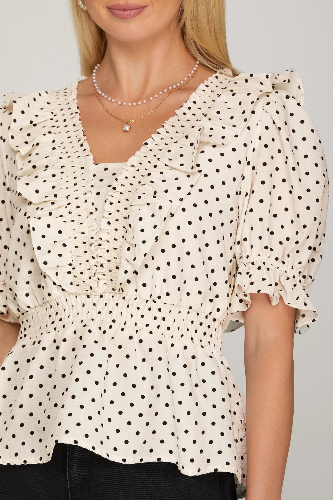 Polka Dot Print Smocked Neck Ruffled Peplum Top
