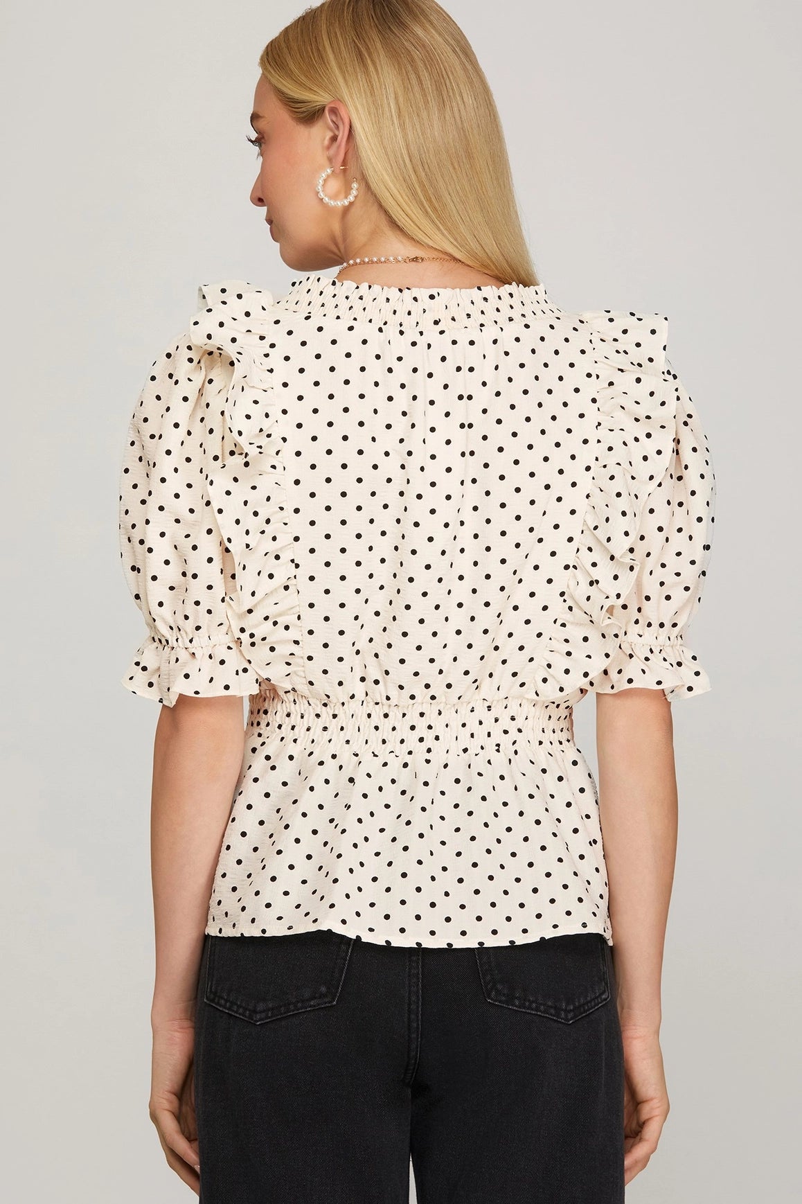 Polka Dot Print Smocked Neck Ruffled Peplum Top