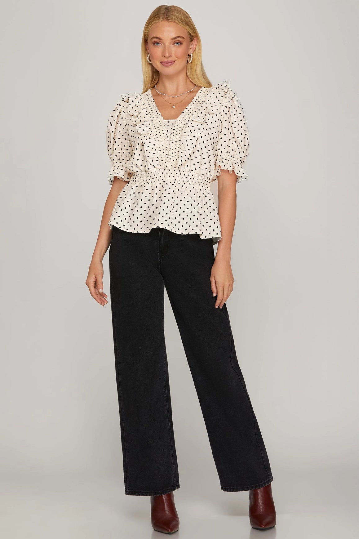 Polka Dot Print Smocked Neck Ruffled Peplum Top
