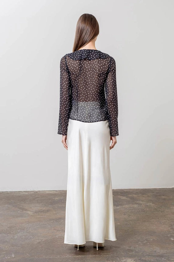 Polka Dot Ruffle Front Tie Long Sleeve Top-Top-Moon River-XS-BLACK-Urbanheer