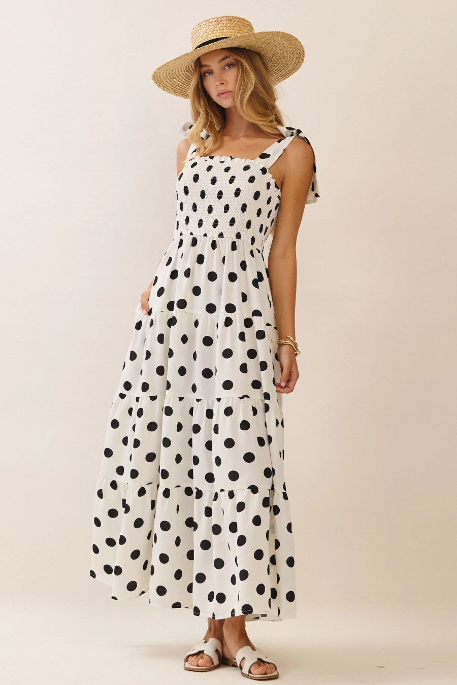 Polka Dot Sleeveless Tired Midi Dress with Smocked Top