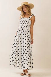 Polka Dot Sleeveless Tired Midi Dress with Smocked Top