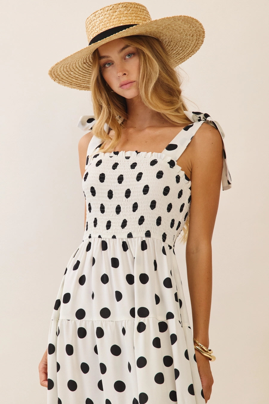 Polka Dot Sleeveless Tired Midi Dress with Smocked Top