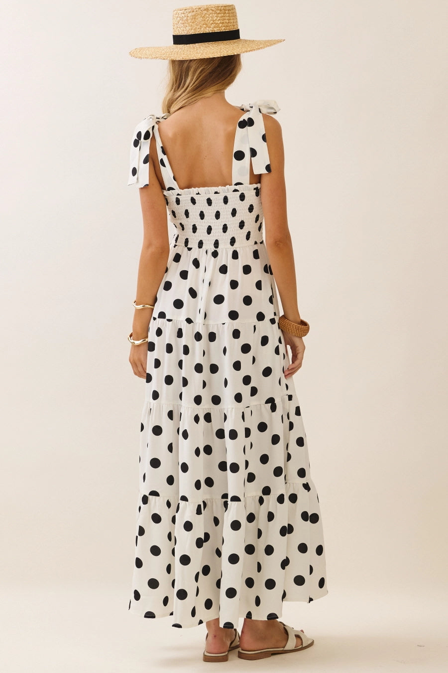 Polka Dot Sleeveless Tired Midi Dress with Smocked Top
