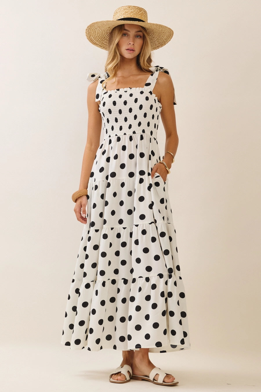 Polka Dot Sleeveless Tired Midi Dress with Smocked Top