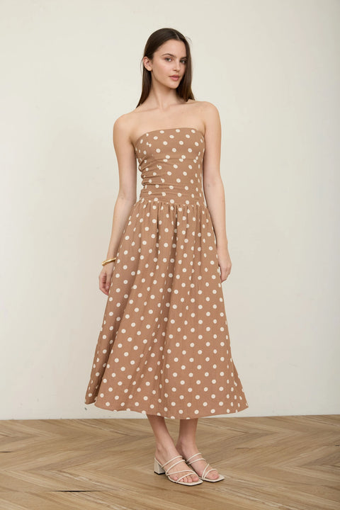 Polka Dot Strapless Midi Dress