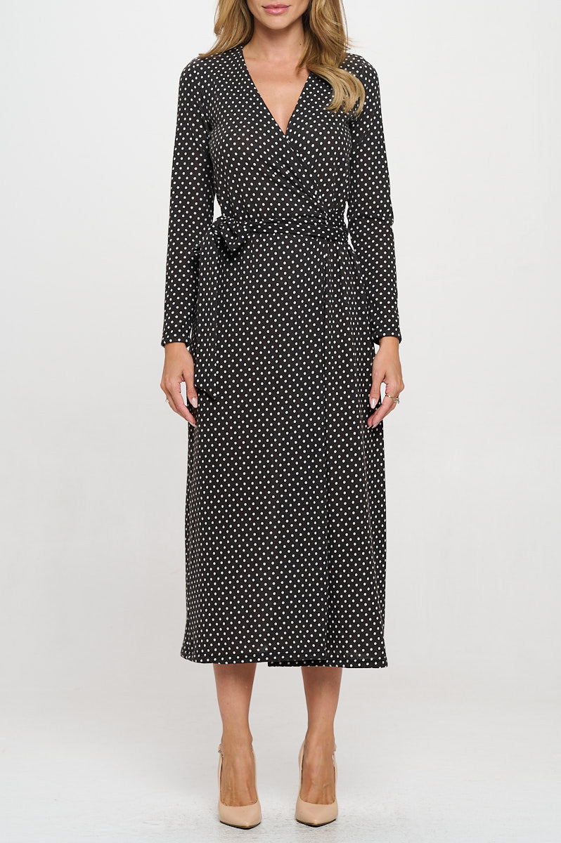 Polka Dot Sweater Knit V neck Wrap Dress-Dresses-Reneecollection-Small-BLACK-Urbanheer