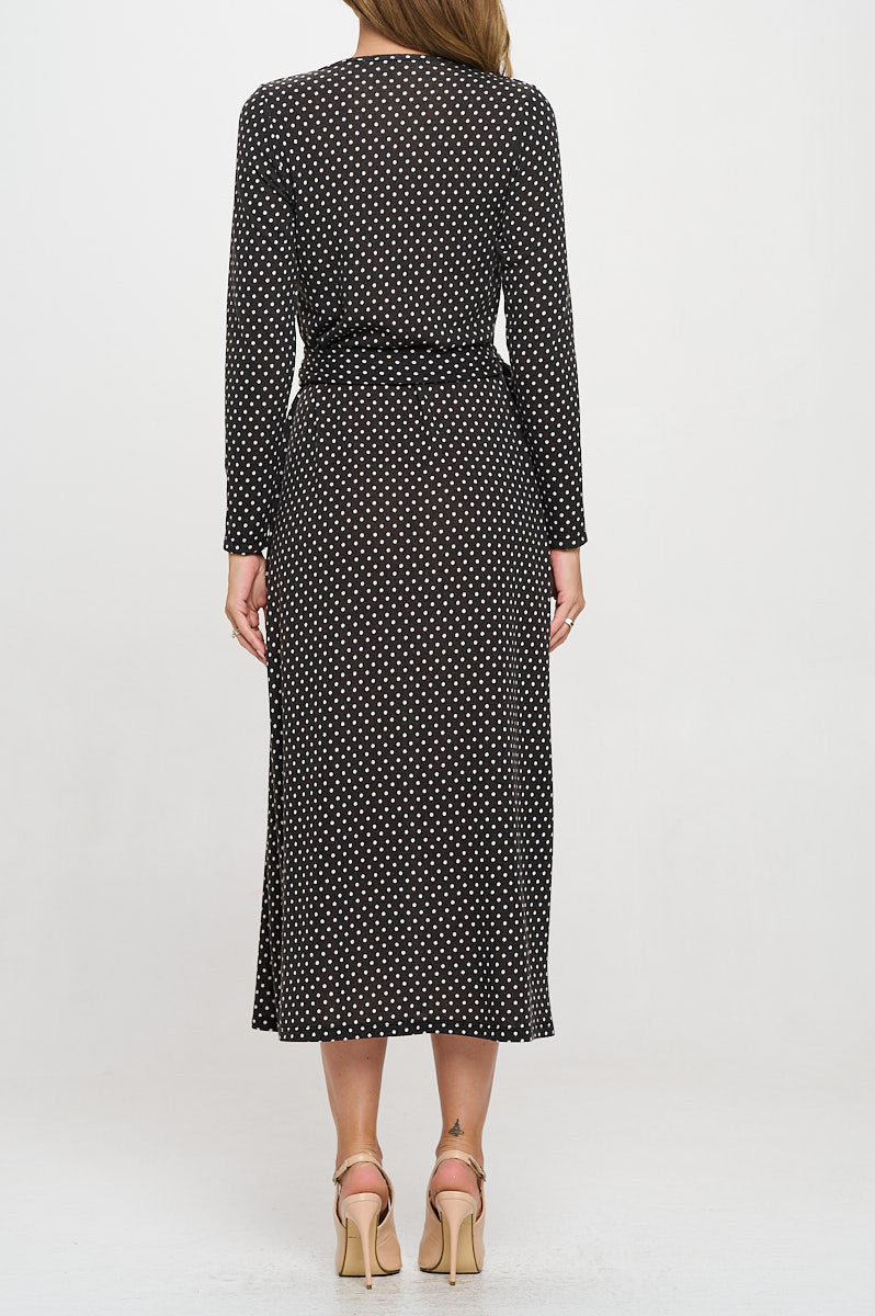 Polka Dot Sweater Knit V neck Wrap Dress-Dresses-Reneecollection-Small-BLACK-Urbanheer