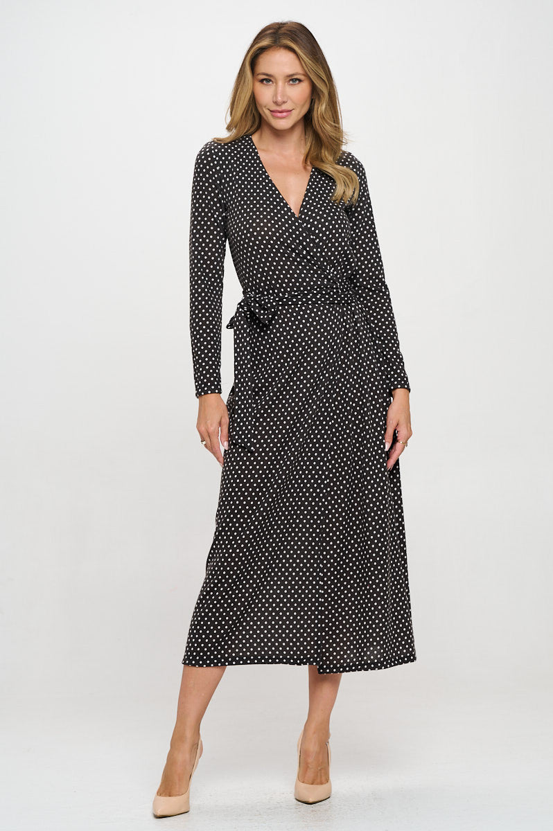 Polka Dot Sweater Knit V neck Wrap Dress-Dresses-Reneecollection-Small-BLACK-Urbanheer