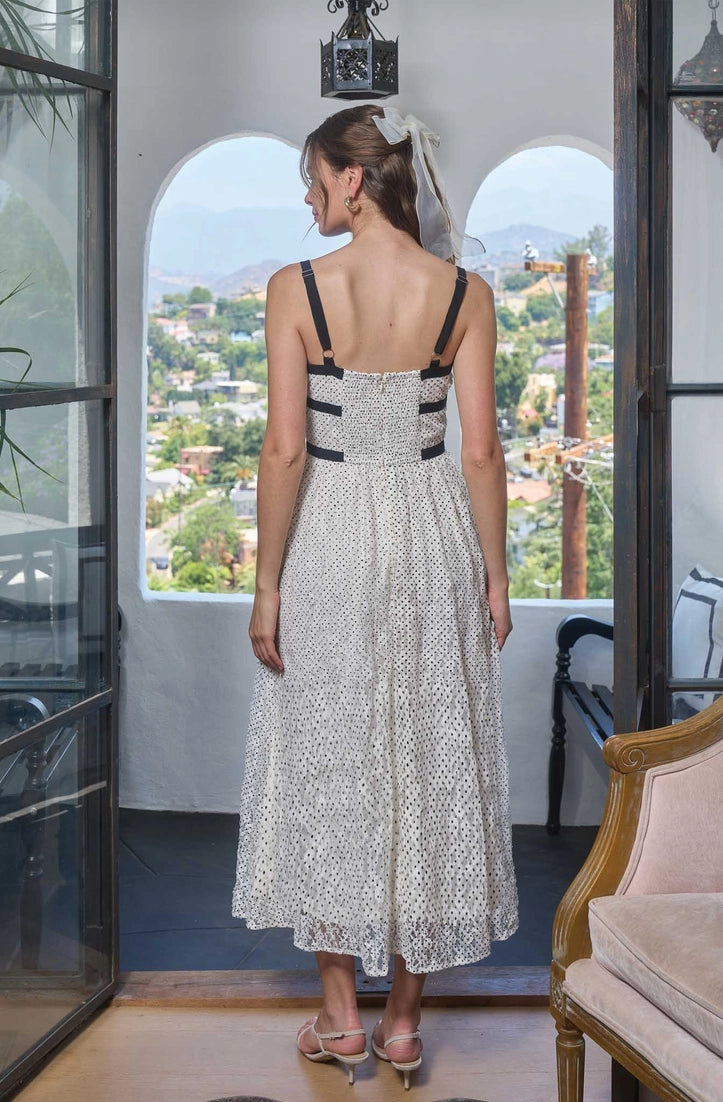 Polka Dot Textured Pattern Bow Detail Midi Dress