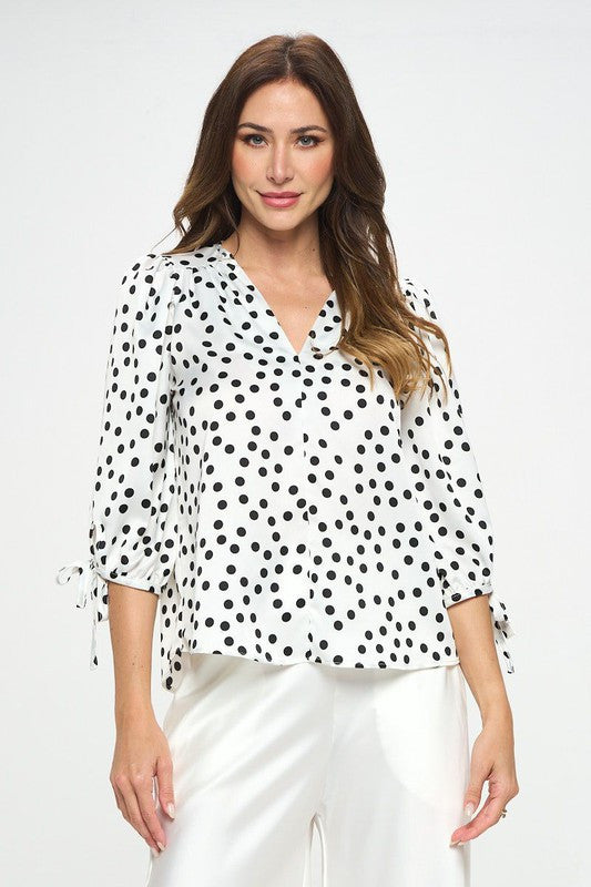 Polka Dot Top with Self Tie Sleeves-New Arrival-Reneecollection-Small-WHITE/BLACK-Urbanheer