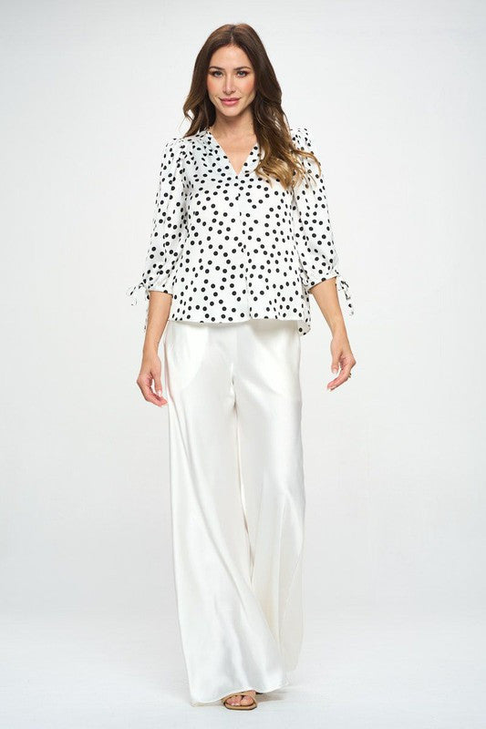 Polka Dot Top with Self Tie Sleeves-New Arrival-Reneecollection-Small-WHITE/BLACK-Urbanheer