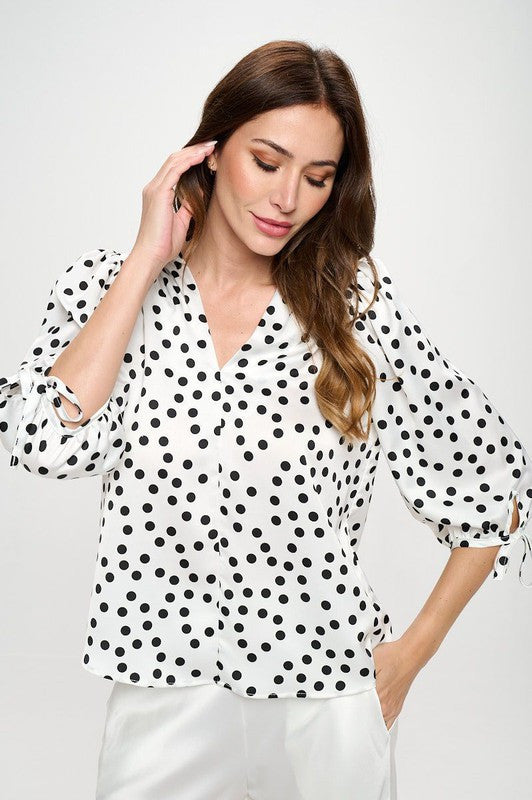 Polka Dot Top with Self Tie Sleeves-New Arrival-Reneecollection-Small-WHITE/BLACK-Urbanheer