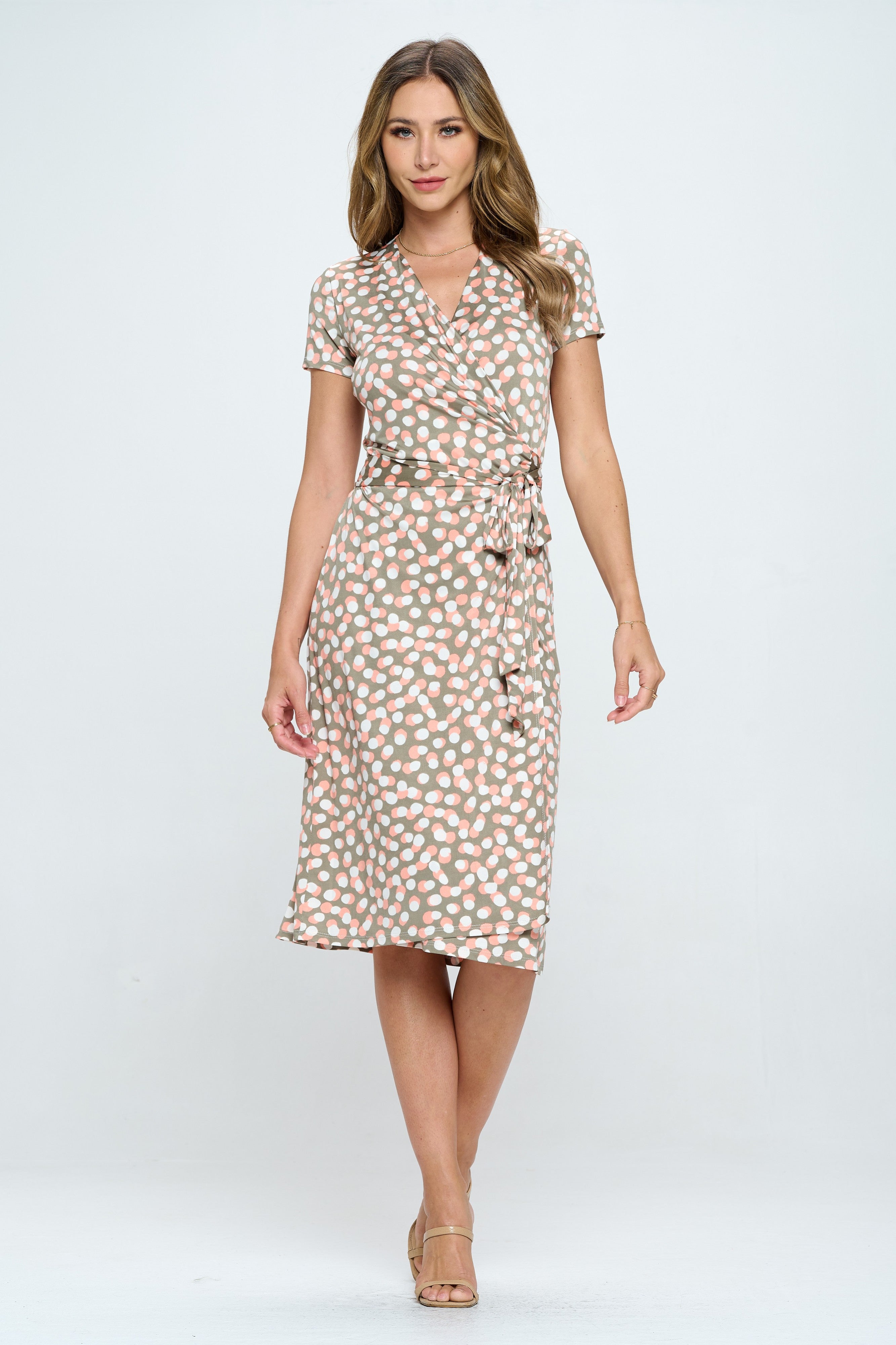 Polka Dot V neck Jersey Wrap Dress with Tie-Dresses-Reneecollection-Urbanheer