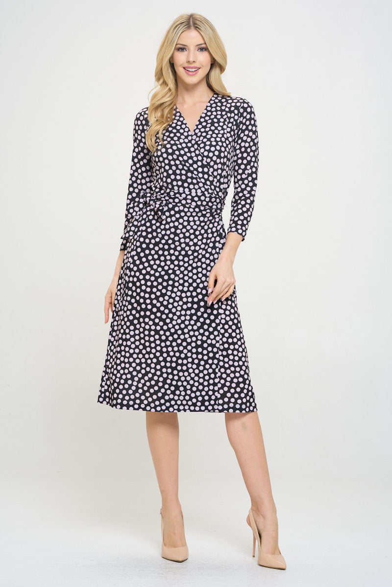 Polka Dot V neck Jersey Wrap Dress with Tie-Dresses-Reneecollection-Small-Black/blush-Urbanheer