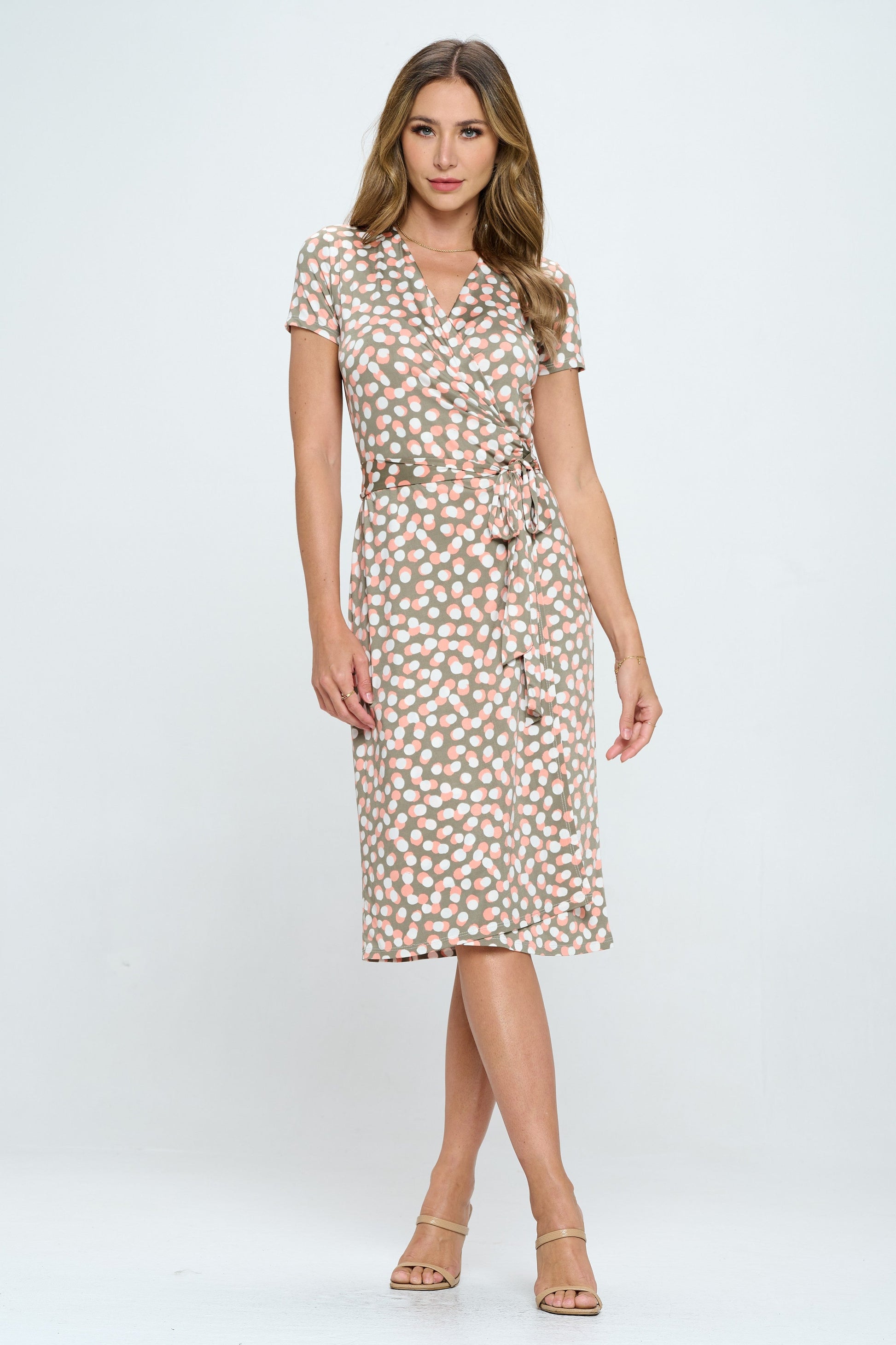 Polka Dot V neck Jersey Wrap Dress with Tie-Dresses-Reneecollection-Urbanheer