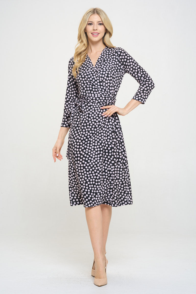 Polka Dot V neck Jersey Wrap Dress with Tie-Dresses-Reneecollection-Small-Black/blush-Urbanheer
