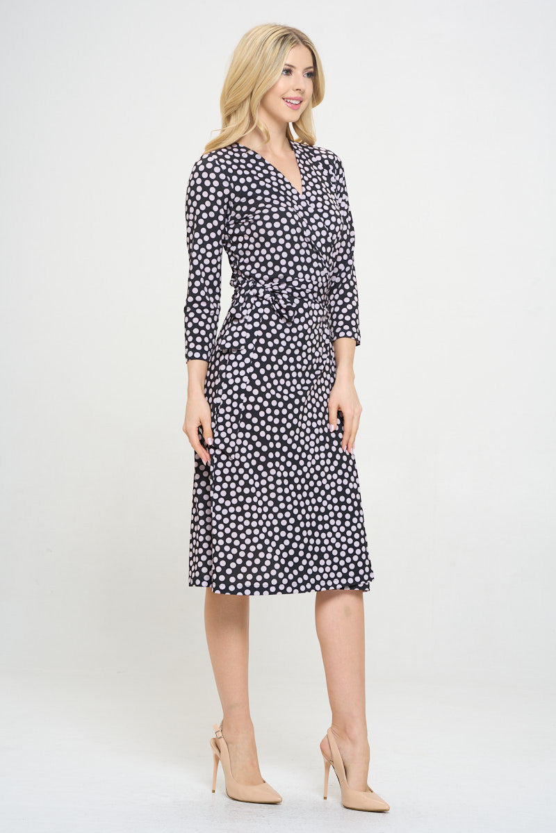 Polka Dot V neck Jersey Wrap Dress with Tie-Dresses-Reneecollection-Small-Black/blush-Urbanheer