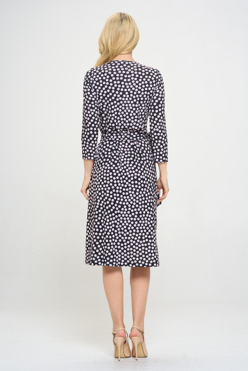 Polka Dot V neck Jersey Wrap Dress with Tie-Dresses-Reneecollection-Small-Black/blush-Urbanheer