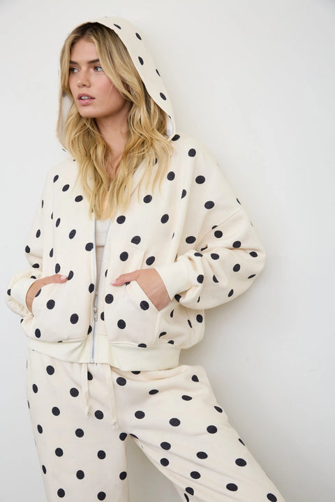 Polka Dot Zip Hoodie Knit Sweatshirt