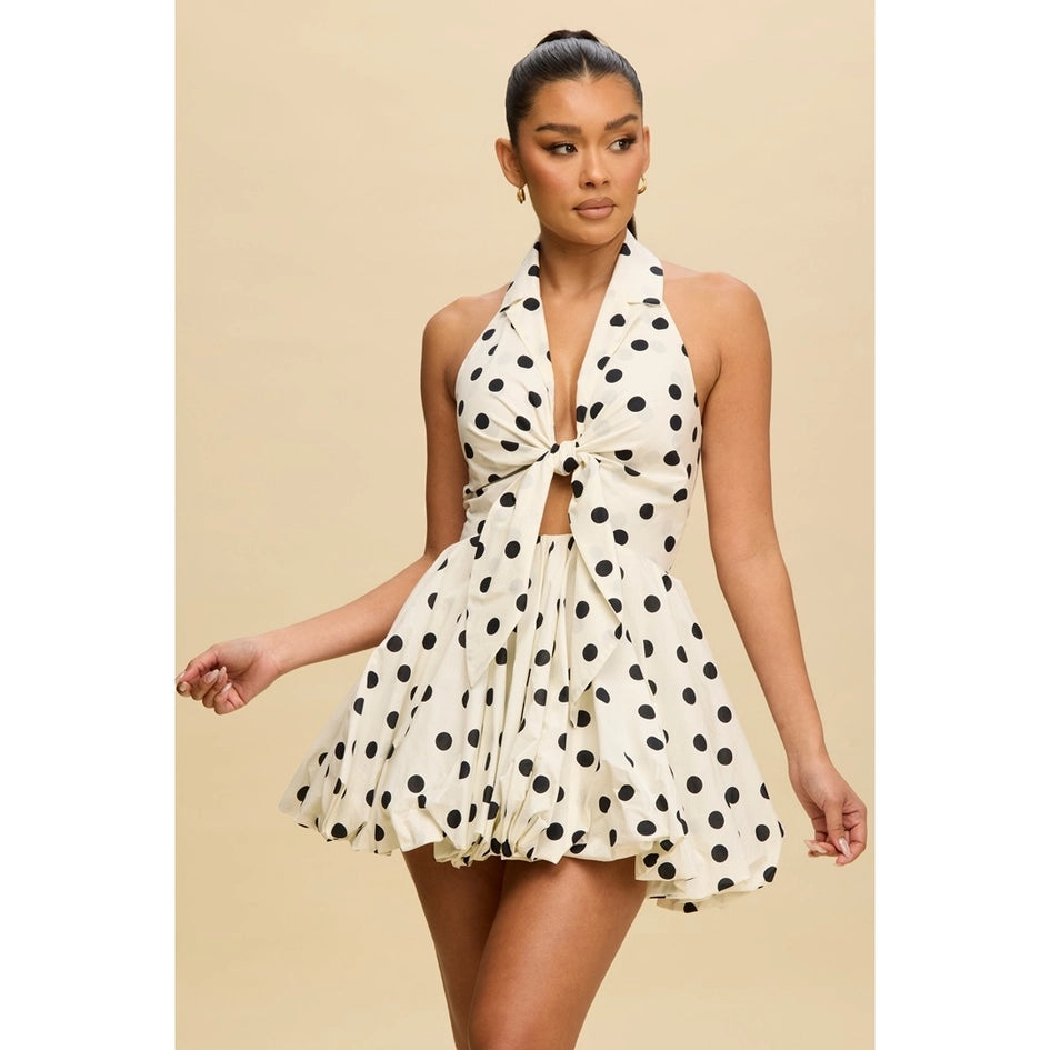 Polkadot Tie Bubble Hem Dress-Dress-Luxxel-S-WHITE-BLACK-Urbanheer