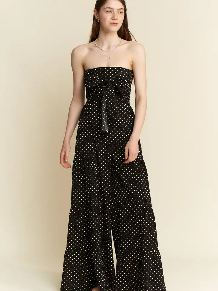 Polkadot Tie Front Jumpsuit Black-Jumpsuit-JADE BY JANE-S-Black-Urbanheer