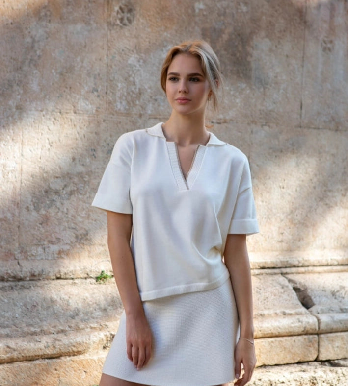 Polo Collar Detail Oversized Jumper with Short Sleeves-Jumper-Nenya Fashion Limited-XS/S-MIlk-Urbanheer