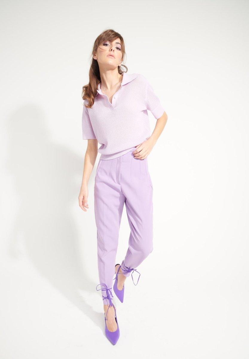 Polo manches courtes femme en cachemire ajouré lilas  - AVA 1-1