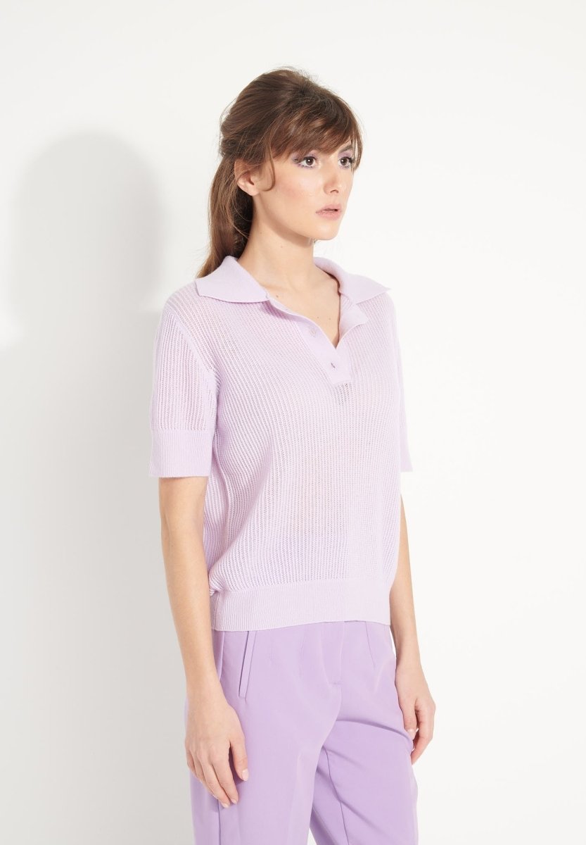 Polo manches courtes femme en cachemire ajouré lilas  - AVA 1-2