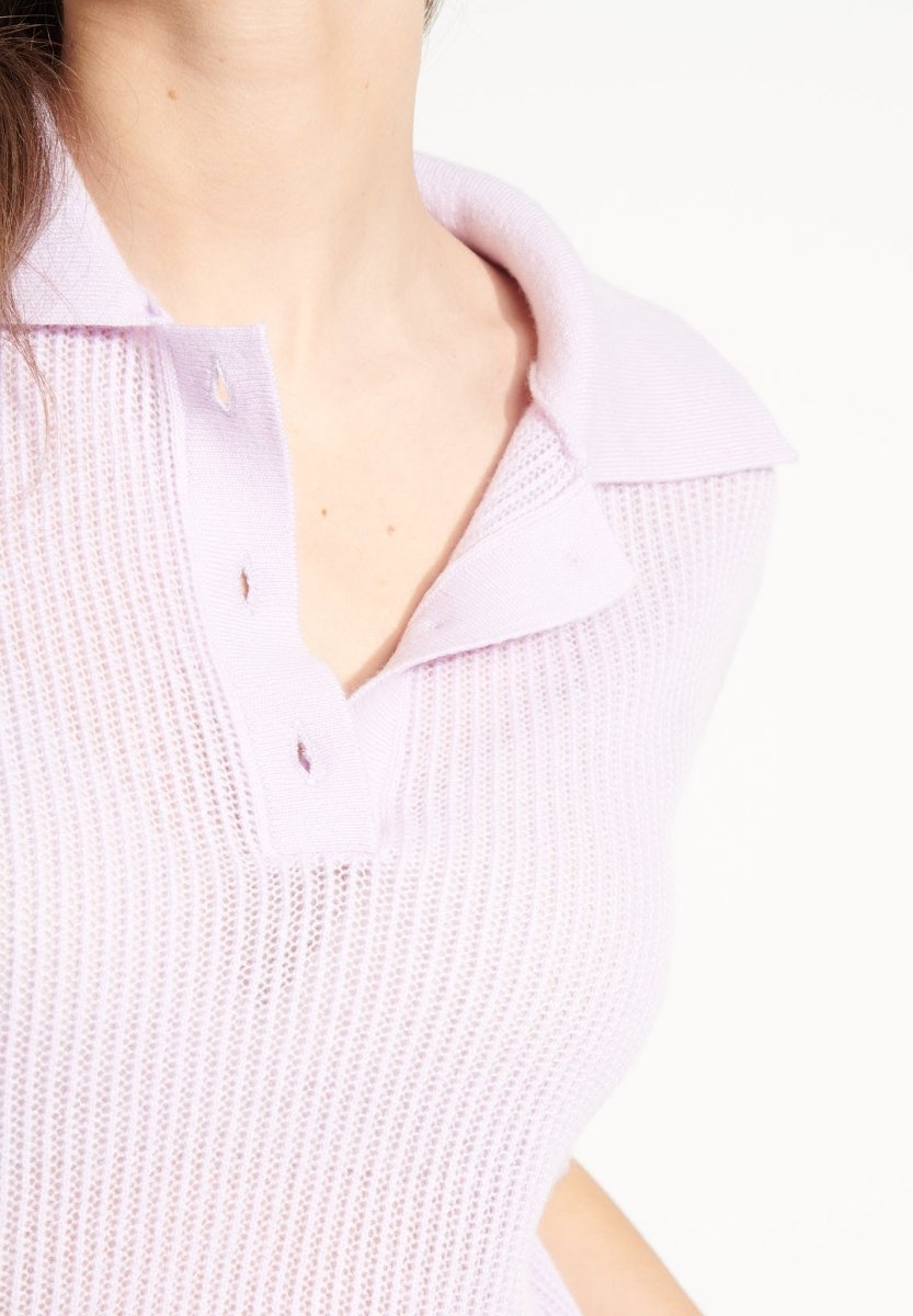 Polo manches courtes femme en cachemire ajouré lilas  - AVA 1-4