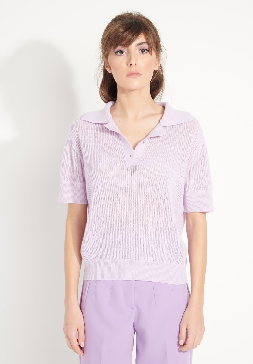 Polo manches courtes femme en cachemire ajouré lilas  - AVA 1-0