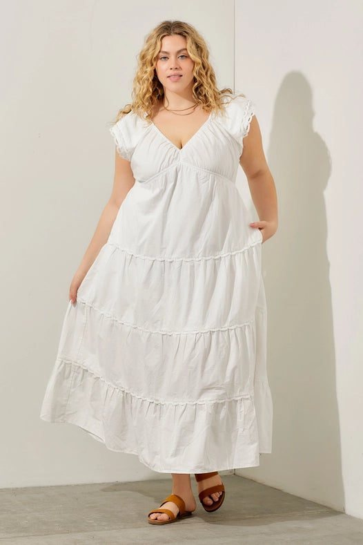 Poplin Ruffle Sleeve Dress Plus IVORY-Dress-Baevely by Wellmade USA-1X-IVORY-Urbanheer