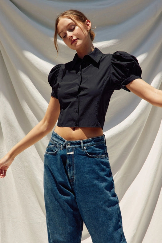 Poplin Short Puff Sleeve Blouse Black-Blouse-Heer Decor-S-Urbanheer