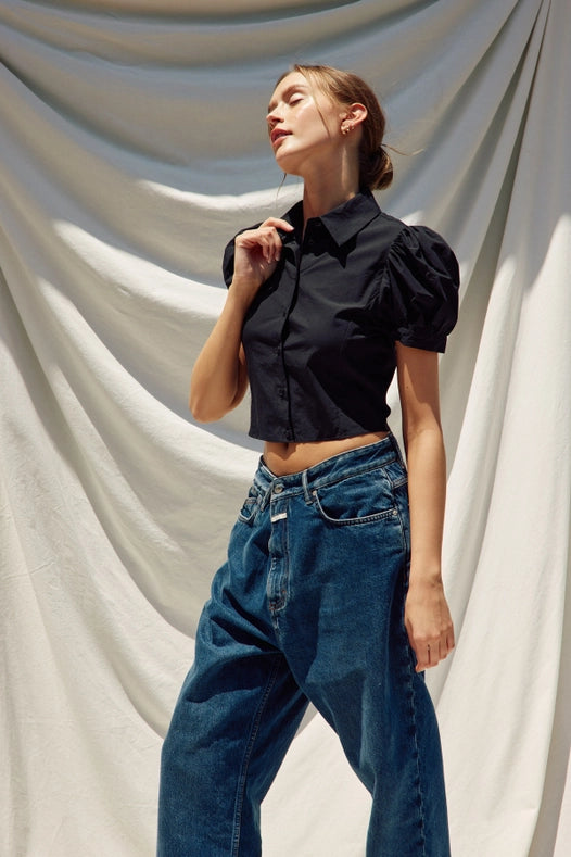 Poplin Short Puff Sleeve Blouse Black-Blouse-Heer Decor-S-Urbanheer