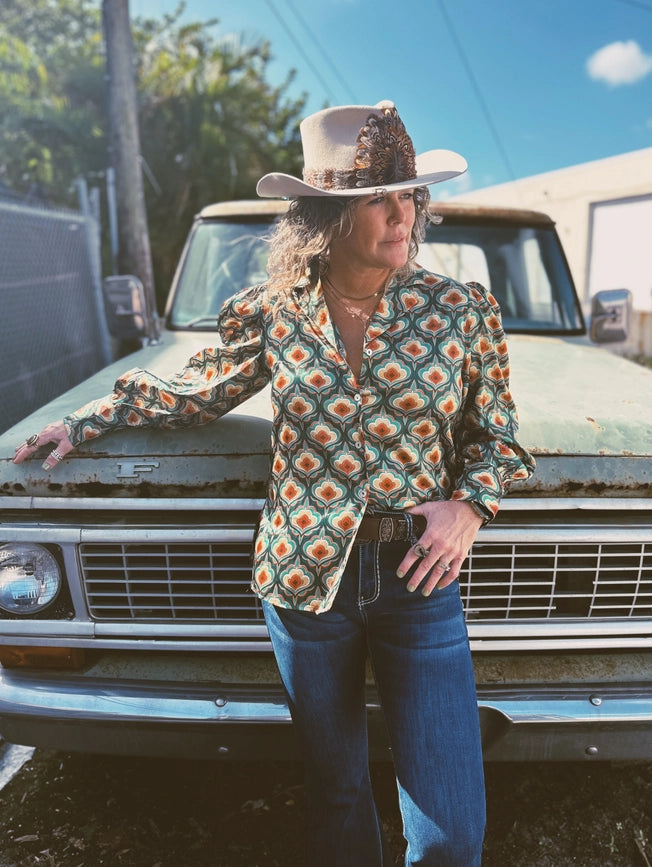 Pre Pack Vagabond Retro Green Tulip Flower Pouf Sleeve Button Up Blouse-Blouses-Lil Bee's Bohemian Brand-S-Urbanheer