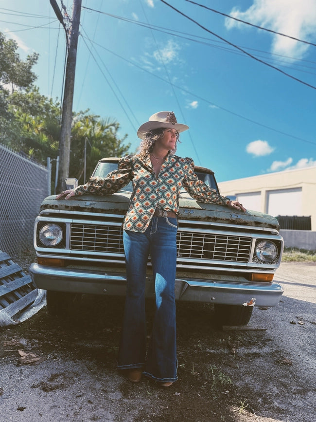 Pre Pack Vagabond Retro Green Tulip Flower Pouf Sleeve Button Up Blouse-Blouses-Lil Bee's Bohemian Brand-S-Urbanheer