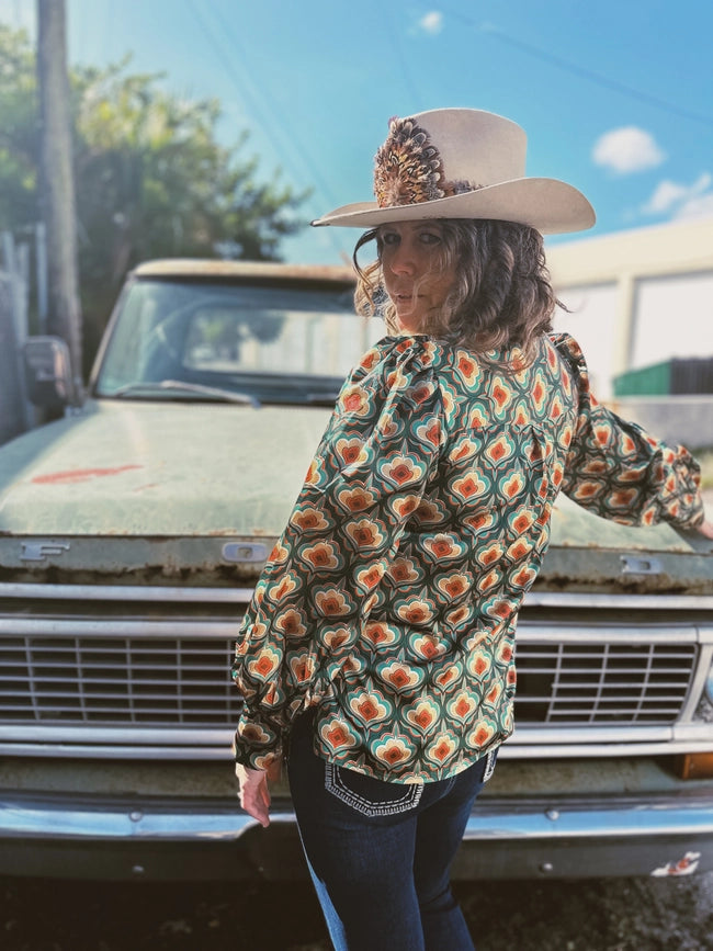 Pre Pack Vagabond Retro Green Tulip Flower Pouf Sleeve Button Up Blouse-Blouses-Lil Bee's Bohemian Brand-S-Urbanheer