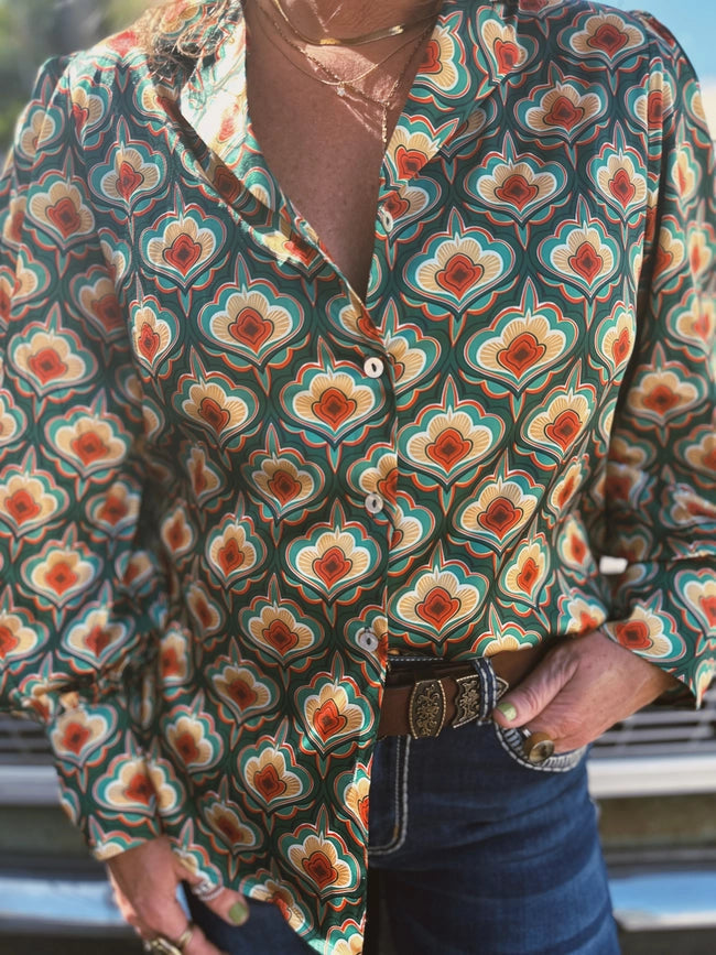 Pre Pack Vagabond Retro Green Tulip Flower Pouf Sleeve Button Up Blouse-Blouses-Lil Bee's Bohemian Brand-S-Urbanheer