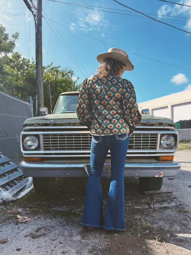Pre Pack Vagabond Retro Green Tulip Flower Pouf Sleeve Button Up Blouse-Blouses-Lil Bee's Bohemian Brand-S-Urbanheer