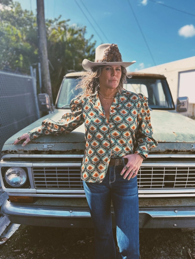 Pre Pack Vagabond Retro Green Tulip Flower Pouf Sleeve Button Up Blouse-Blouses-Lil Bee's Bohemian Brand-S-Urbanheer