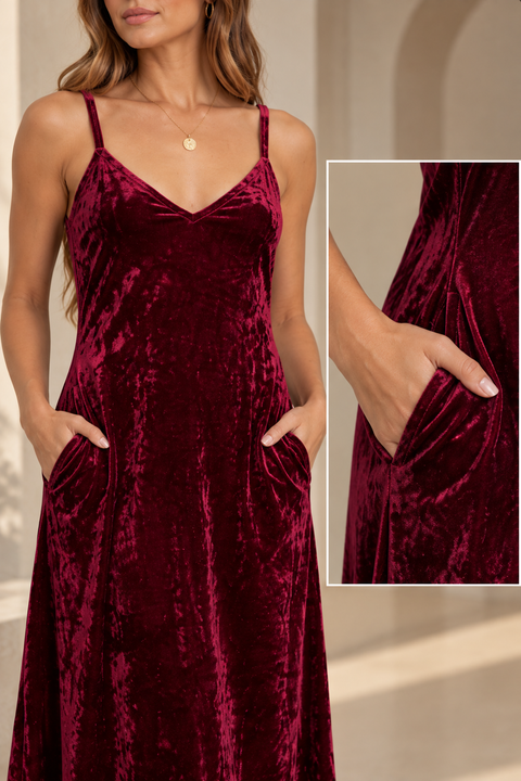 Premium Burgundy Pure Velvet Slip Dress with Pockets