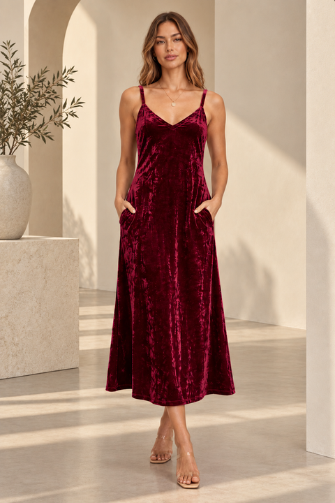 Premium Burgundy Pure Velvet Slip Dress with Pockets