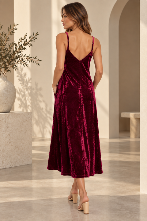 Premium Burgundy Pure Velvet Slip Dress with Pockets