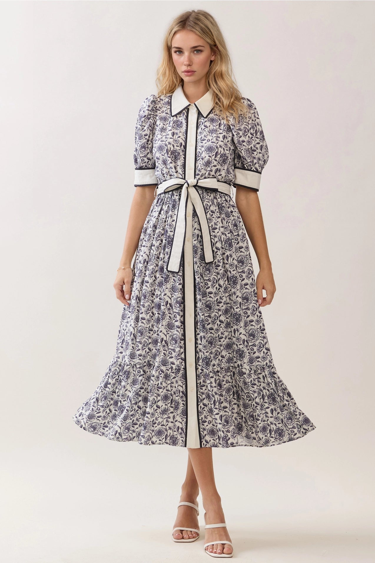 Print Contrast Trim Detail Button Down Dress